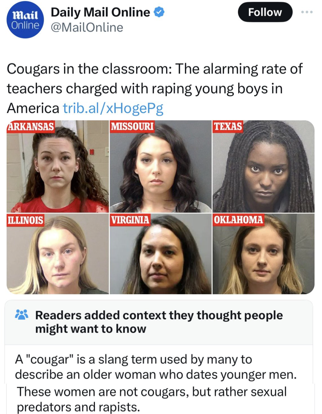 Sexual abuse - Mail Daily Mail Online Online Cougars in the classroom The alarming rate of teachers charged with raping young boys in America trib.alxHogePg Arkansas Missouri Texas Illinois Virginia Oklahoma Readers added context they thought people might